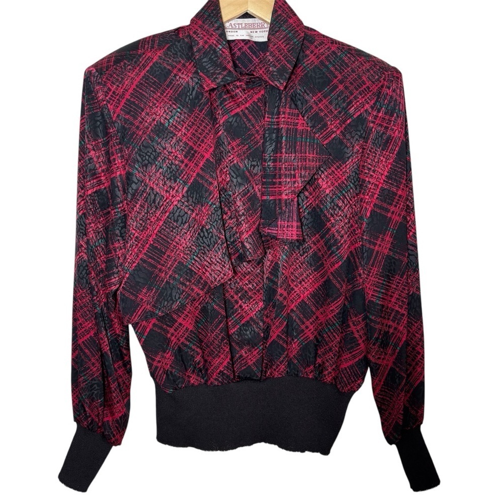 VTG 80s Castleberry Blouse Size 12 Medium Top Red Black Holiday Balloon Sleeve